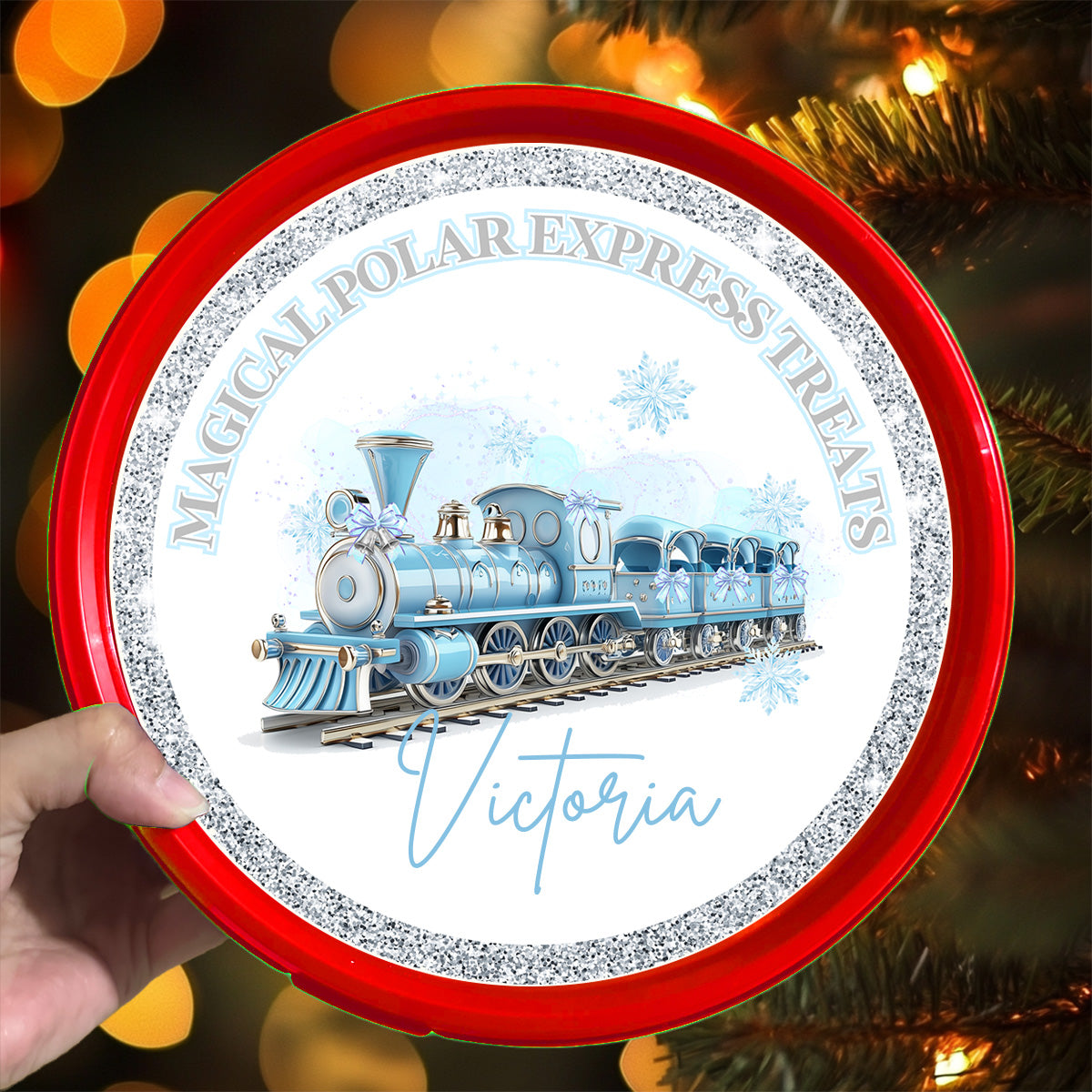 Silver blue winter princess polar express train - Celebrations Chocolate Tub Label Sticker