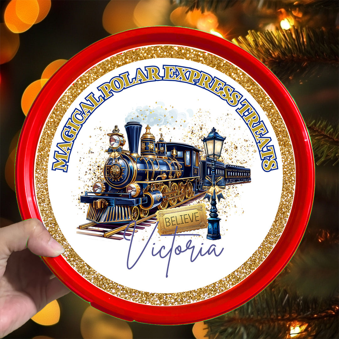 Navy gold polar express train - Celebrations Chocolate Tub Label Sticker