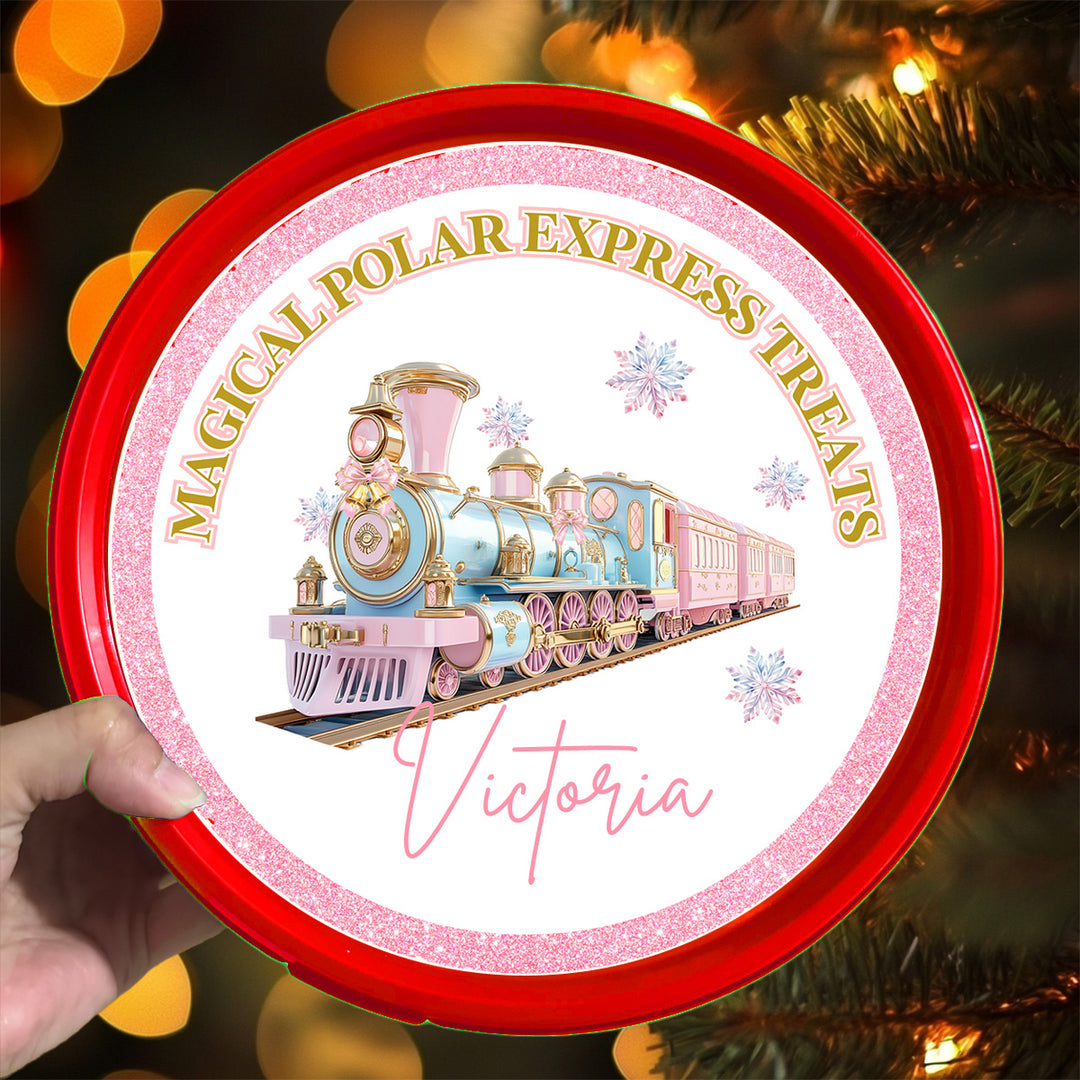 pink blue gold polar express train - Celebrations Chocolate Tub Label Sticker