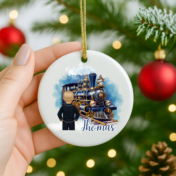 A boy stares at the train in winter - Personalized - Christmas UV DTF Decal