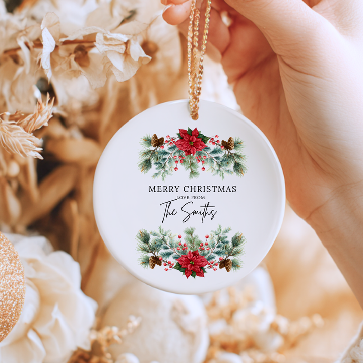 Merry Christmas Pine & Red Flower Frame Love From - Personalized - Christmas UV DTF Decal