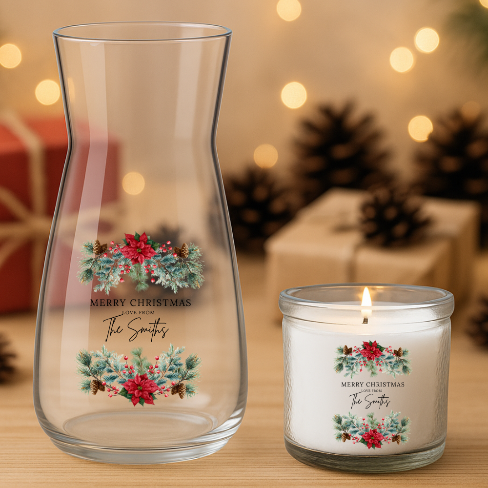 Merry Christmas Pine & Red Flower Frame Love From - Personalized - Christmas UV DTF Decal