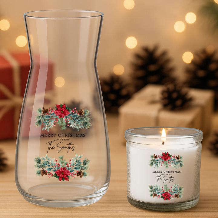 Merry Christmas Pine & Red Flower Frame Love From - Personalized - Christmas UV DTF Decal