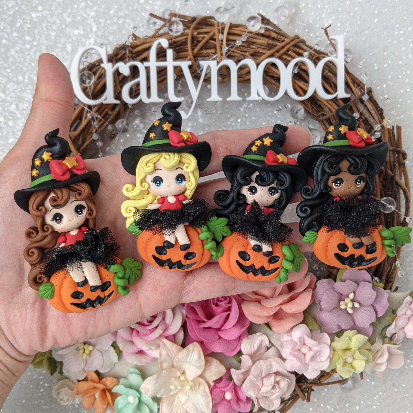 Curly hair witch and pumpkin black tutu skirt - Embellishment Clay Bow Centre