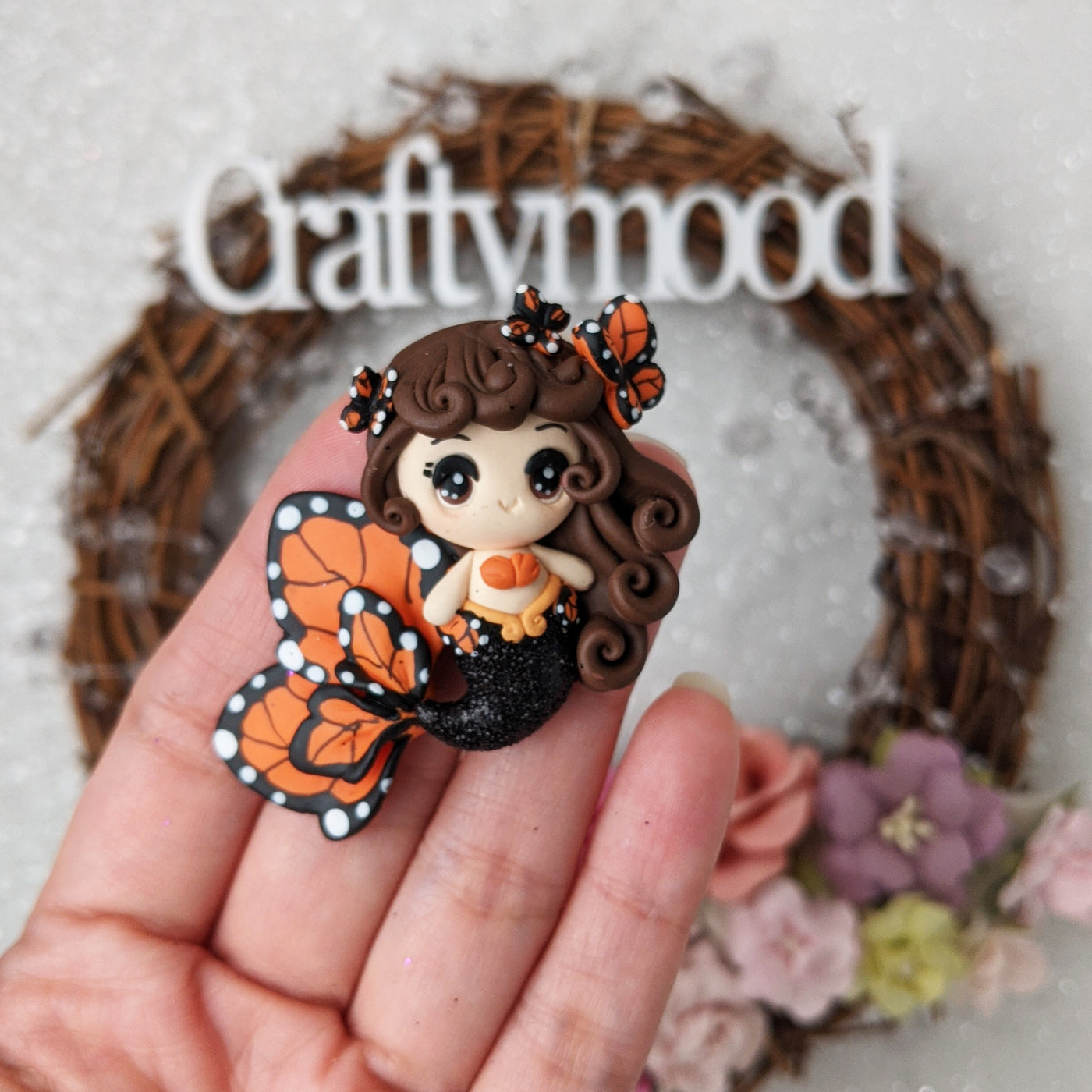Orange monarch butterfly mermaid - Handmade Flatback Clay Bow Centre