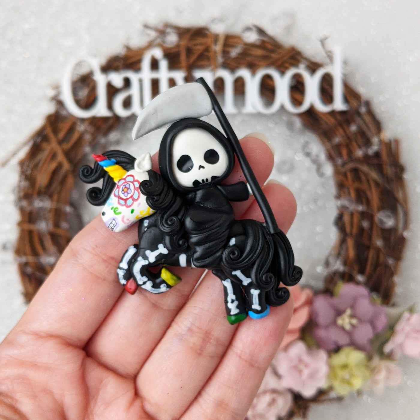 Grim reaper and land of dead horse - Handmade Flatback Clay Bow Centre