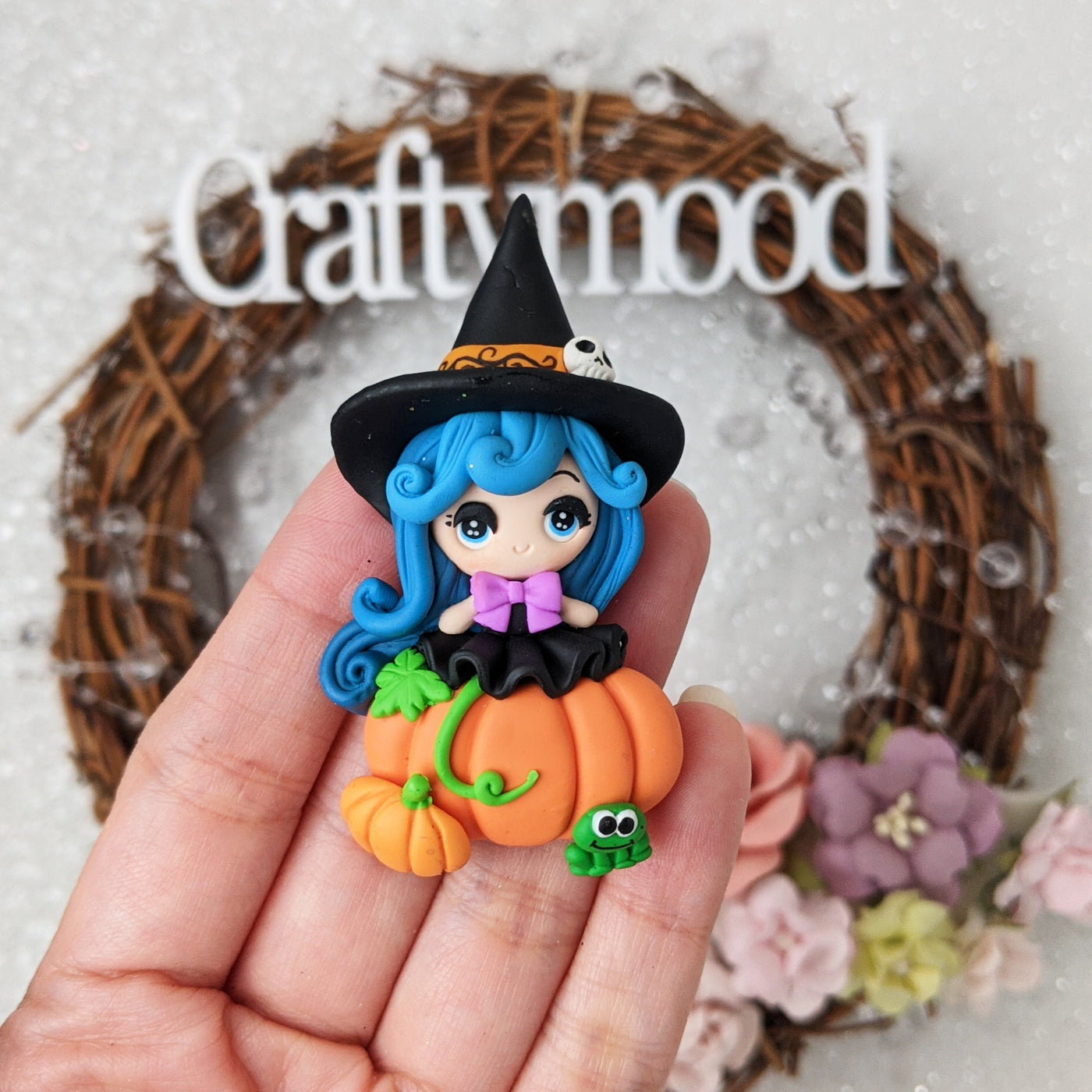 Blue hair witch with pumpkin - Handmade Flatback Clay Bow Centre