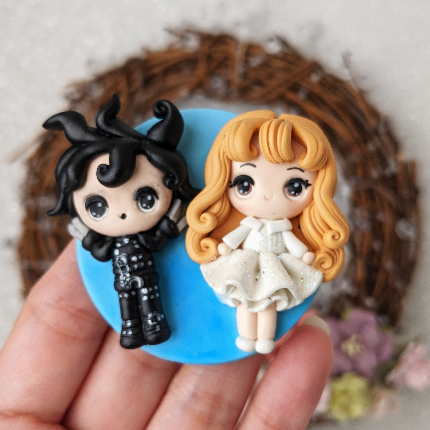 Black white Halloween boy girl cameo - Handmade Flatback Clay Bow Centre