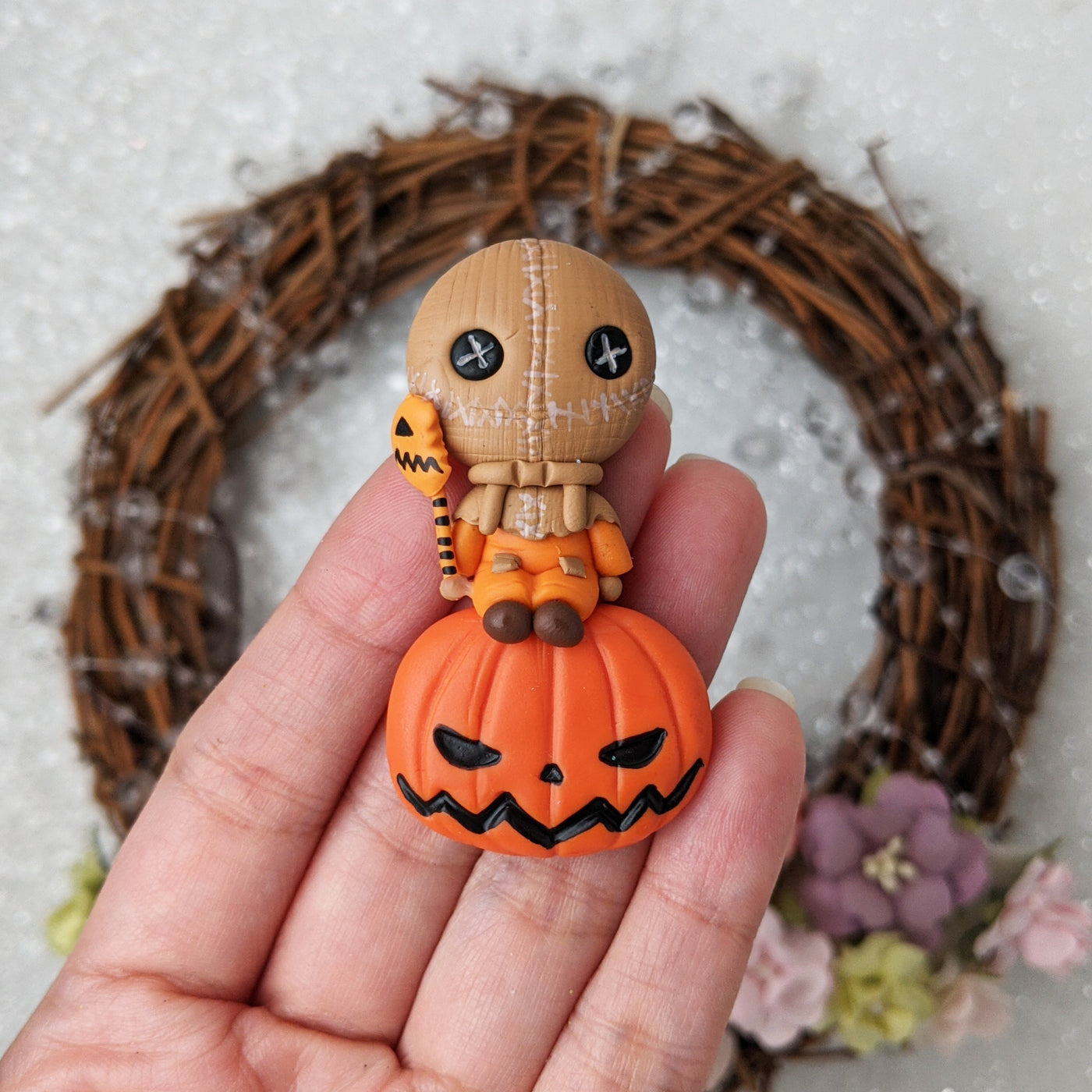 Spooky Halloween boy with pumpkin - Handmade Flatback Clay Bow Centre