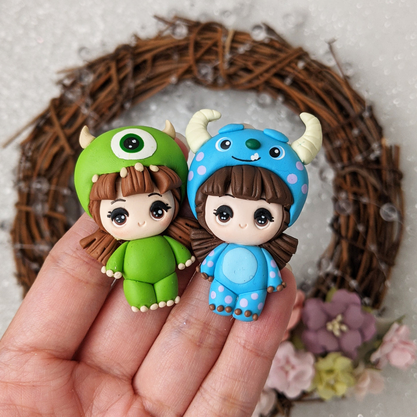 Cute monster dressing up girls - Handmade Flatback Clay Bow Centre