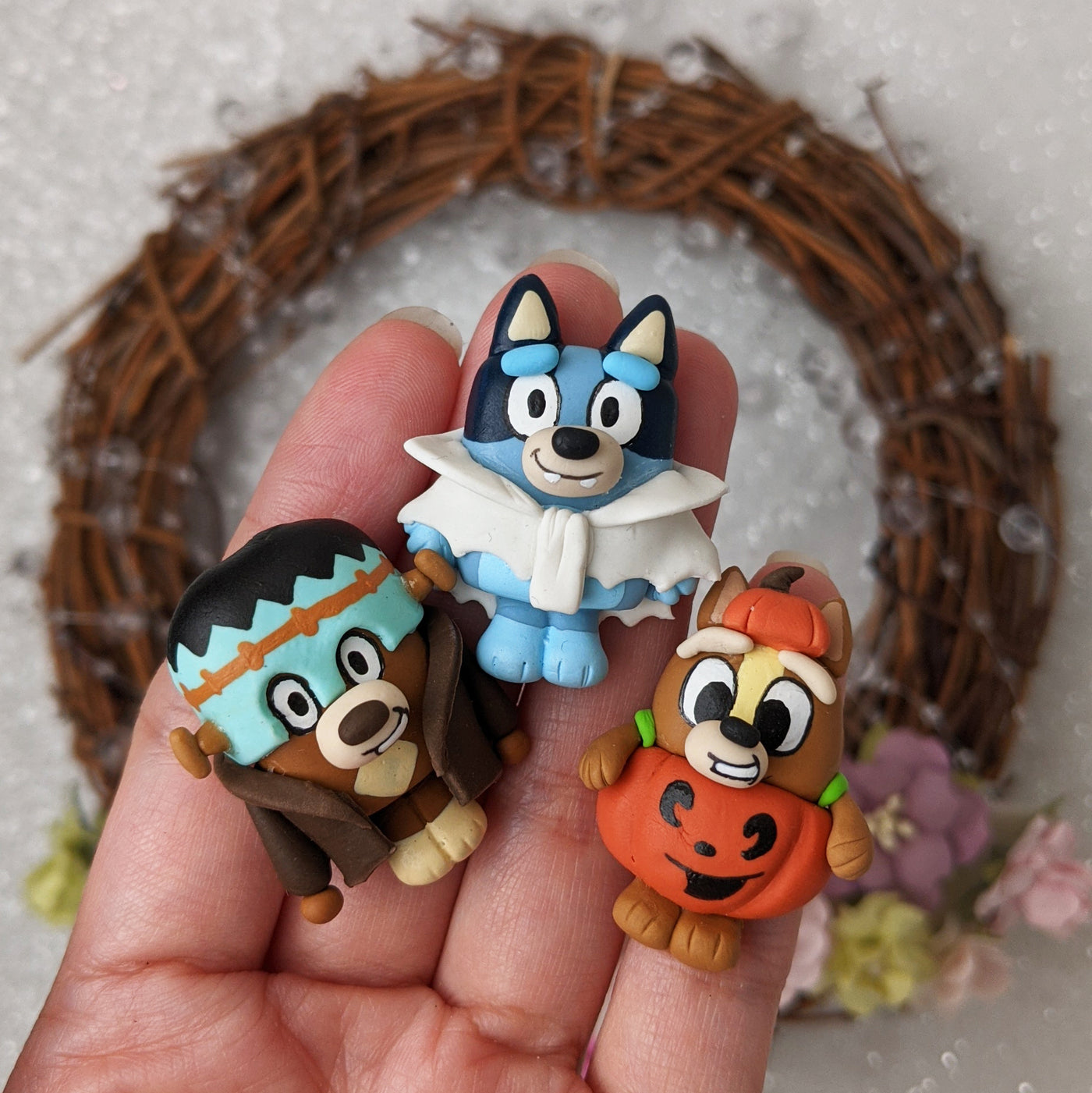 Blue dog and friends - Handmade Flatback Clay Bow Centre