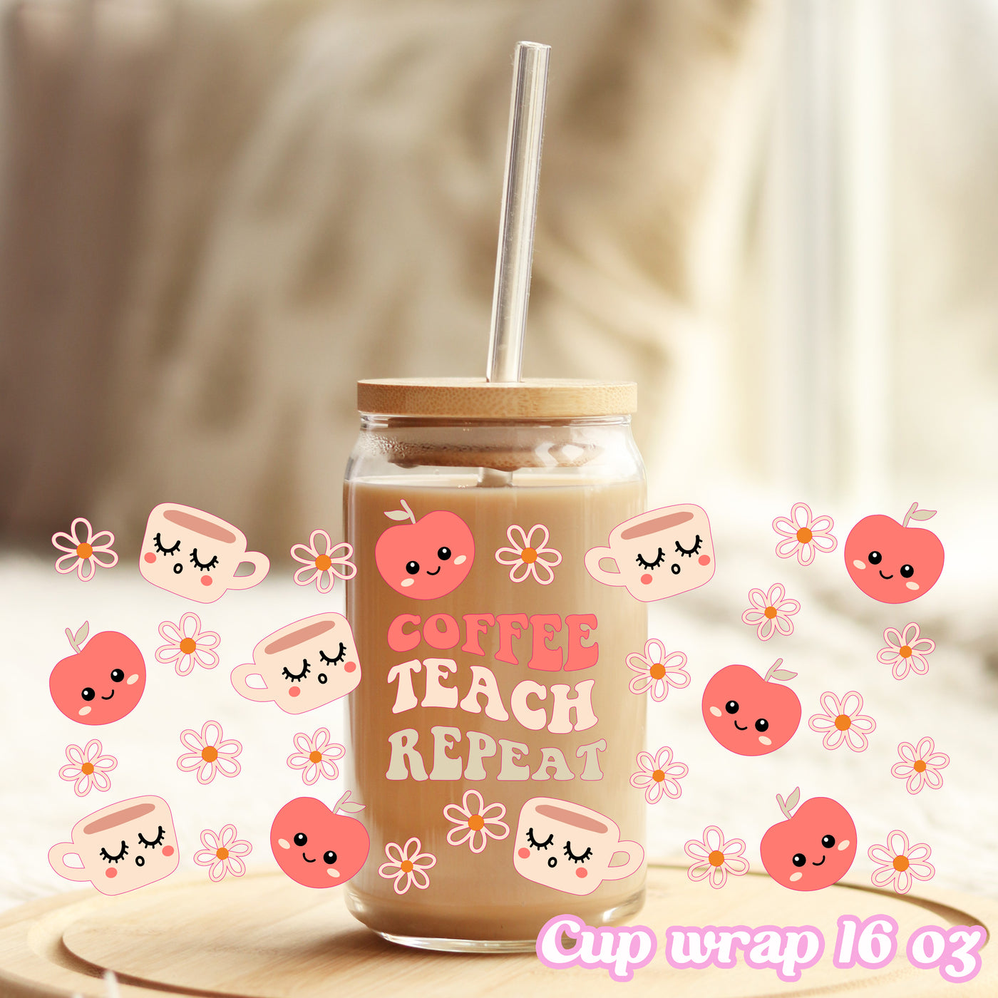 Coffee teach repeat teacher school - 16oz Libbey Glass Cup Wrap Only