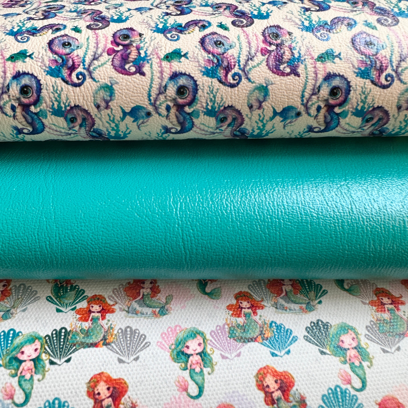 Seahorse mermaid teal sea - Pu Leatherette vinyl - canvas - choose Fabric material Sheets