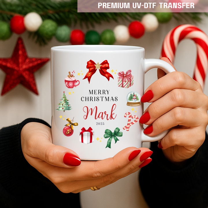 UV DTF decal - merry Christmas bow present snow globe red