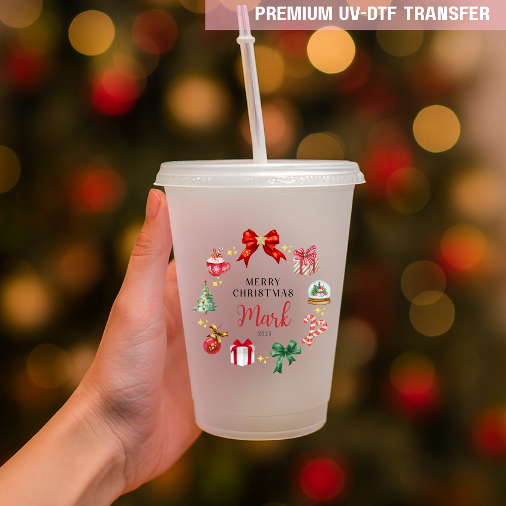 UV DTF decal - merry Christmas bow present snow globe red