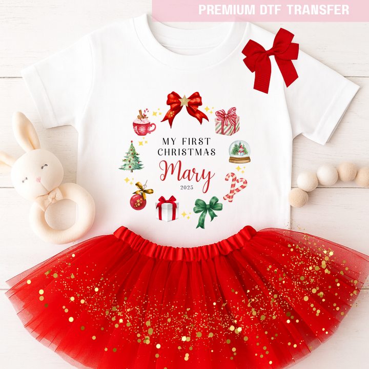 DTF Transfer -  My First Christmas bow present snow globe red  - DTF ready to press