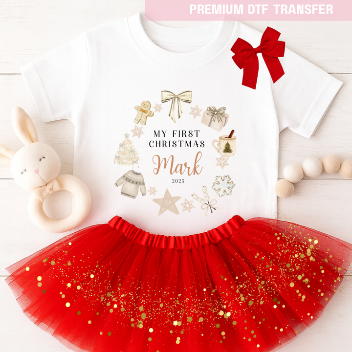DTF Transfer -  My First Christmas bow present snow globe beige - DTF ready to press