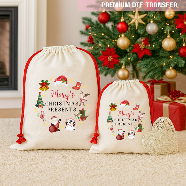 DTF Transfer -  merry Christmas bow present snow globe red  - DTF ready to press