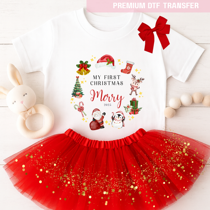 DTF Transfer -  merry Christmas bow present snow globe red  - DTF ready to press