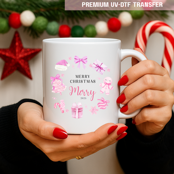 UV DTF decal - merry Christmas bow pink presents
