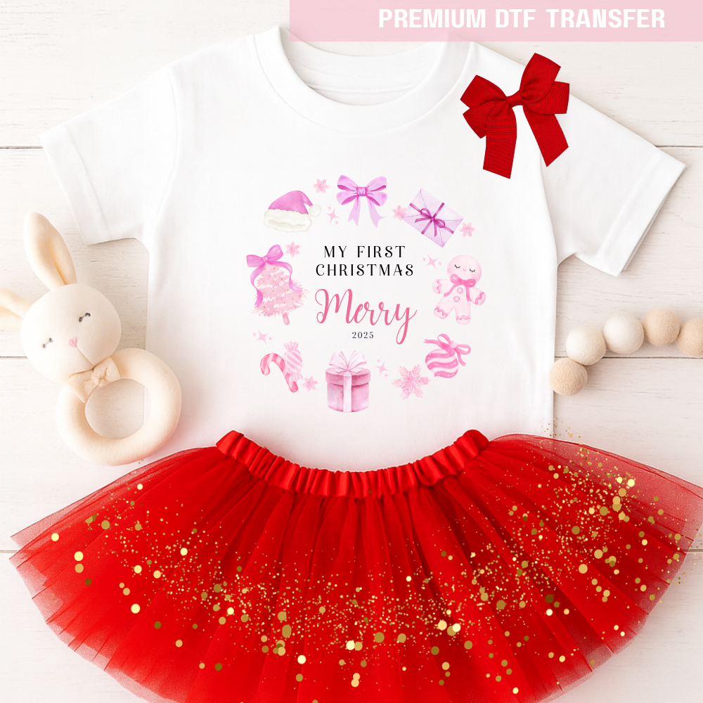 DTF Transfer -  My First Christmas presents pale pink - DTF ready to press