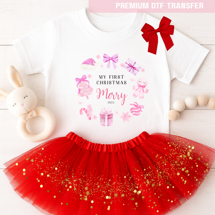 DTF Transfer -  My First Christmas presents pale pink - DTF ready to press