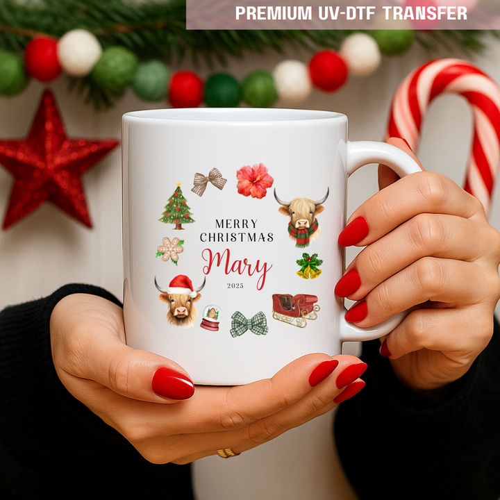 UV DTF decal - merry Christmas highland cow