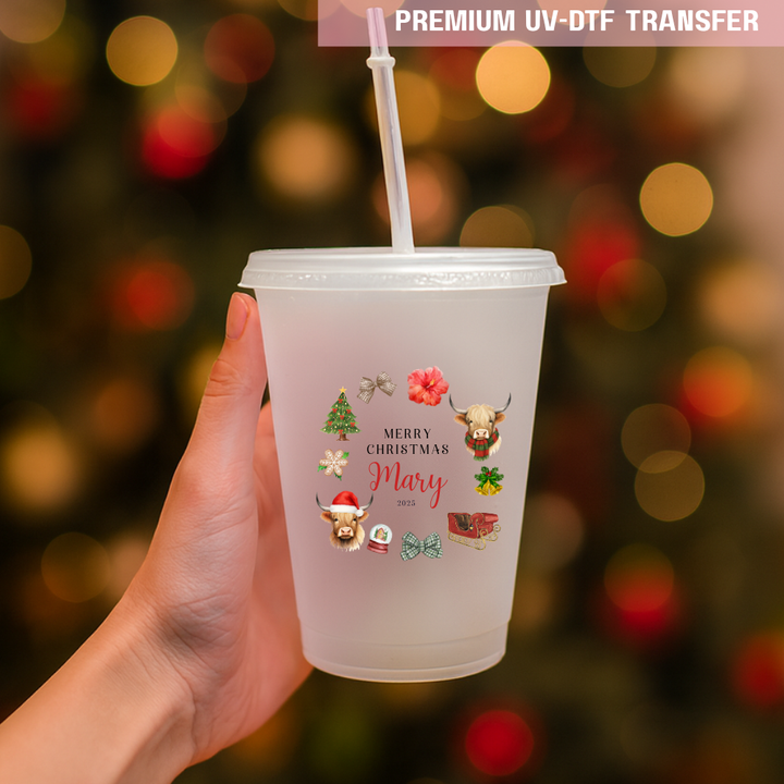 UV DTF decal - merry Christmas highland cow