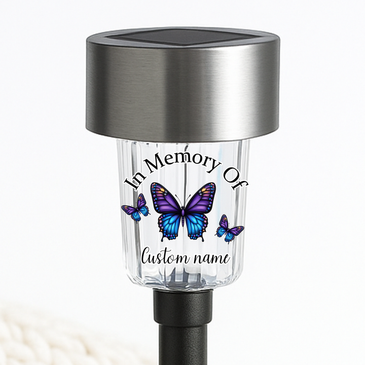 In memory of (custom name) UV DTF decal solar light - memorial purple blue butterfly