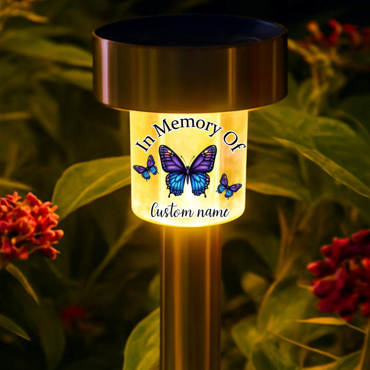 In memory of (custom name) UV DTF decal solar light - memorial purple blue butterfly