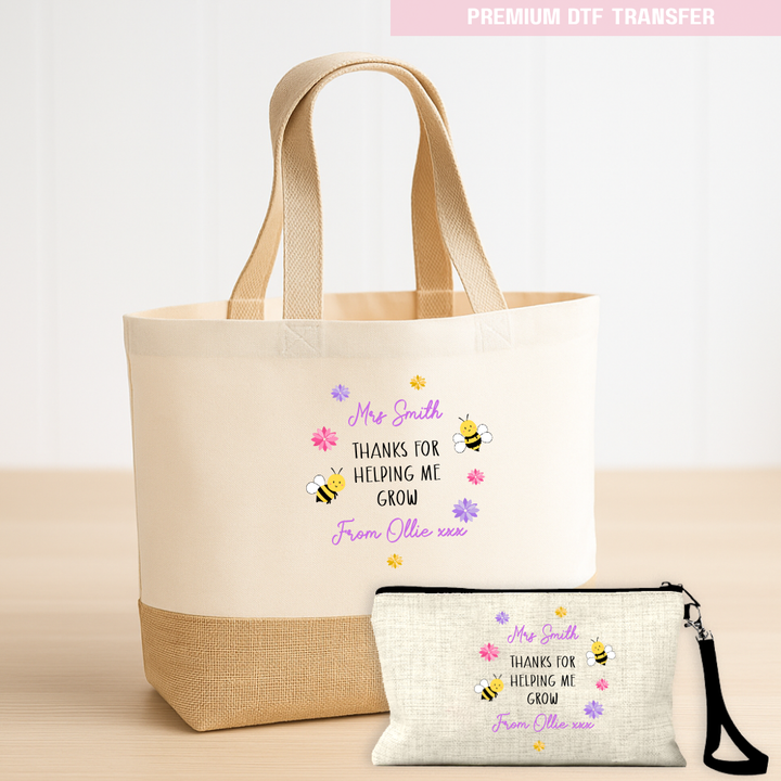 Personalised Thanks for helping me grow - teacher DTF transfer ready to press
