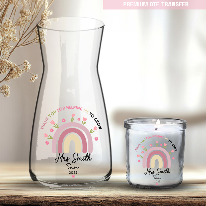 Personalised Thank you for helping me to grow - pink rainbow flowers - teacher UV DTF