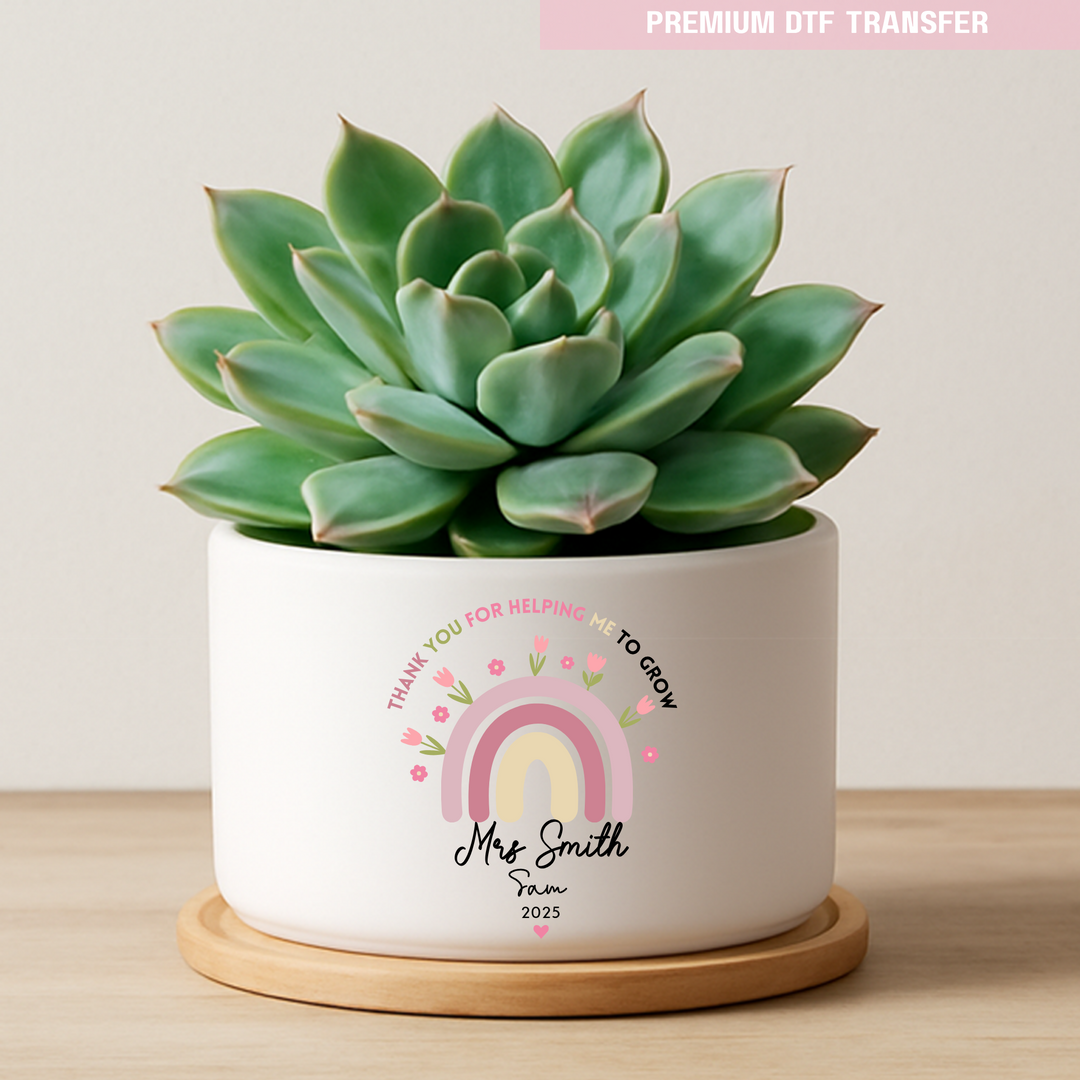 Personalised Thank you for helping me to grow - pink rainbow flowers - teacher UV DTF