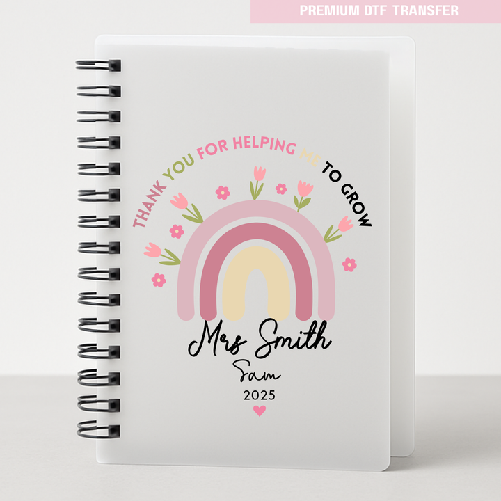 Personalised Thank you for helping me to grow - pink rainbow flowers - teacher UV DTF