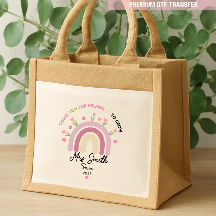 Personalised Thank you for helping me grow - pink rainbow flowers - teacher DTF transfer ready to press