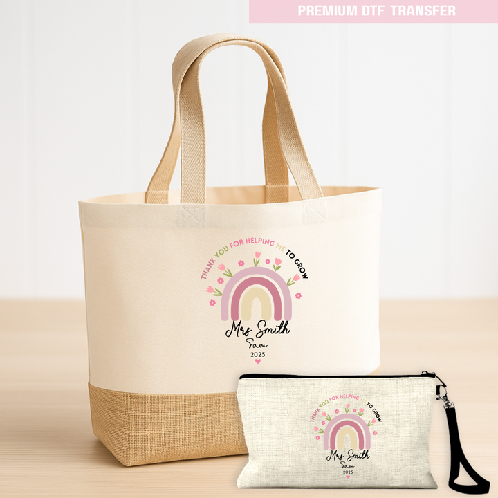 Personalised Thank you for helping me grow - pink rainbow flowers - teacher DTF transfer ready to press