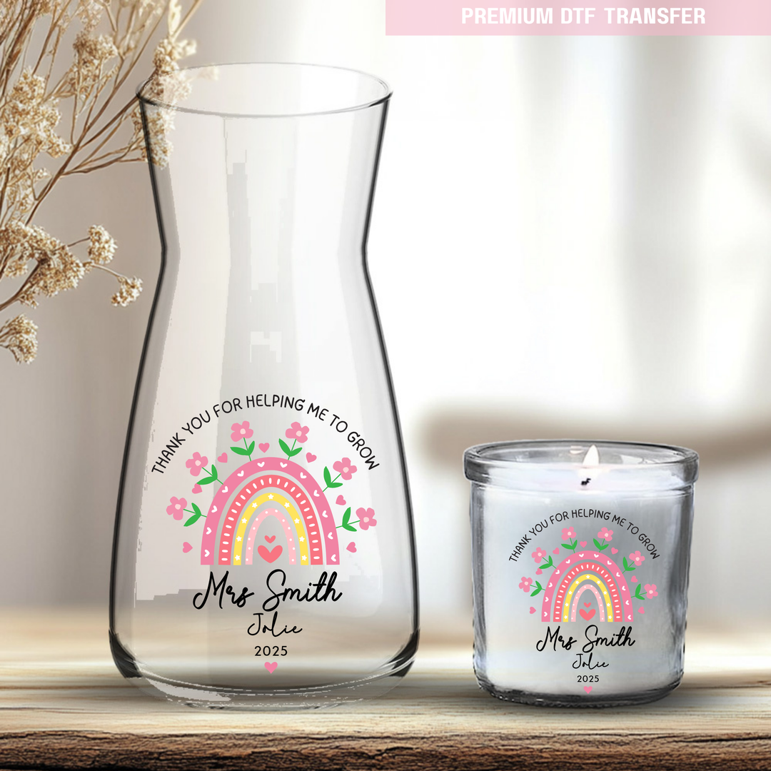 Personalised pink rainbow flowers - teacher UV DTF