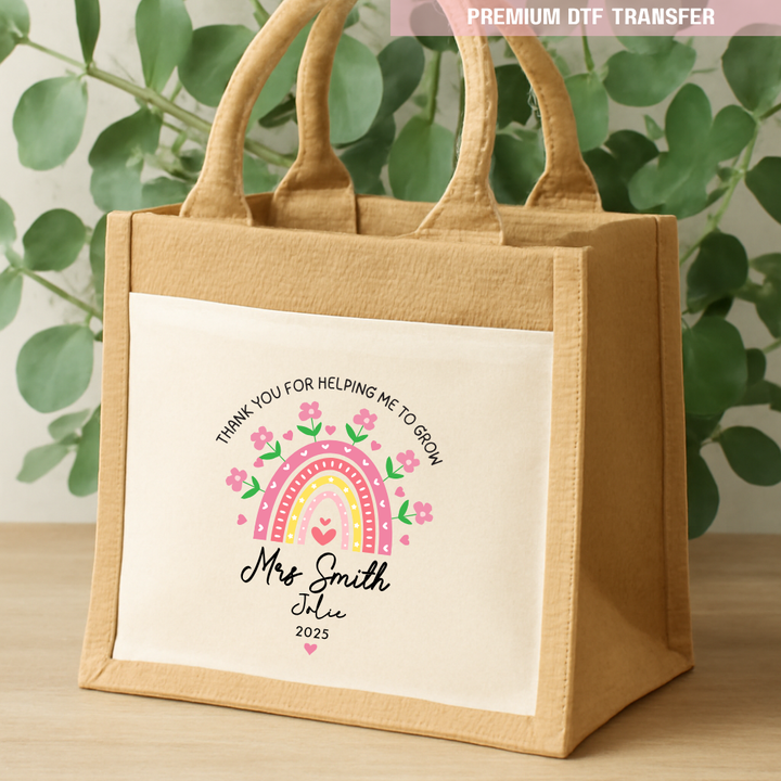 Personalised Pink rainbow flowers - teacher DTF transfer ready to press