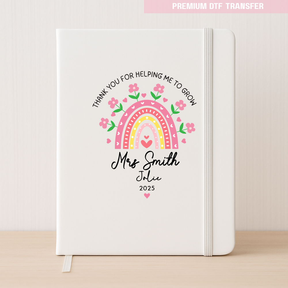 Personalised Pink rainbow flowers - teacher DTF transfer ready to press