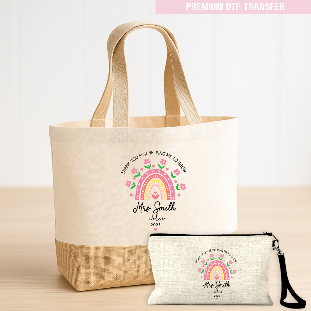 Personalised Pink rainbow flowers - teacher DTF transfer ready to press