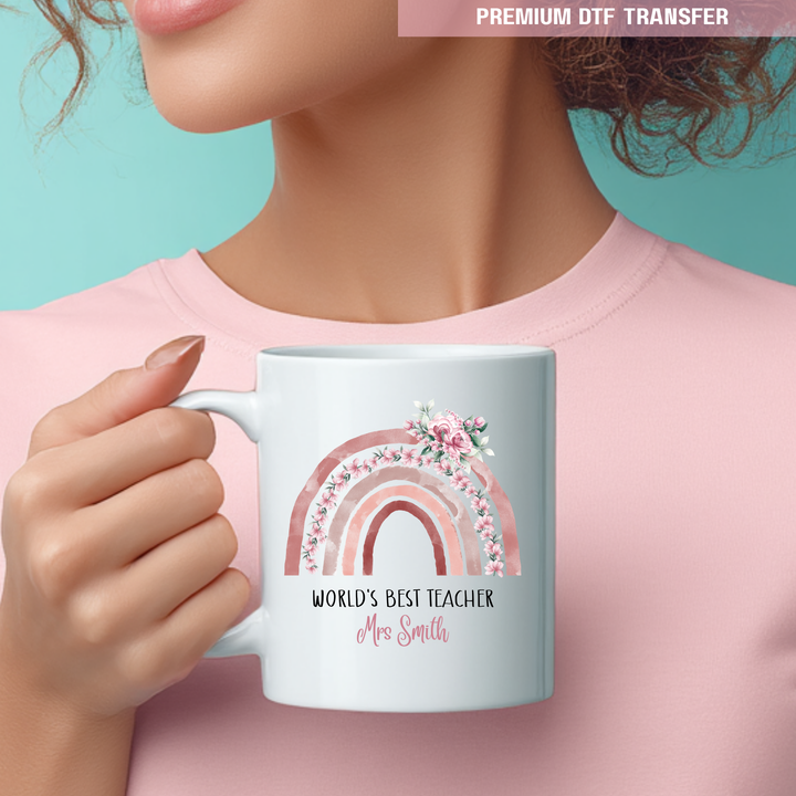Personalised world's best teacher - rainbow flowers - UV DTF