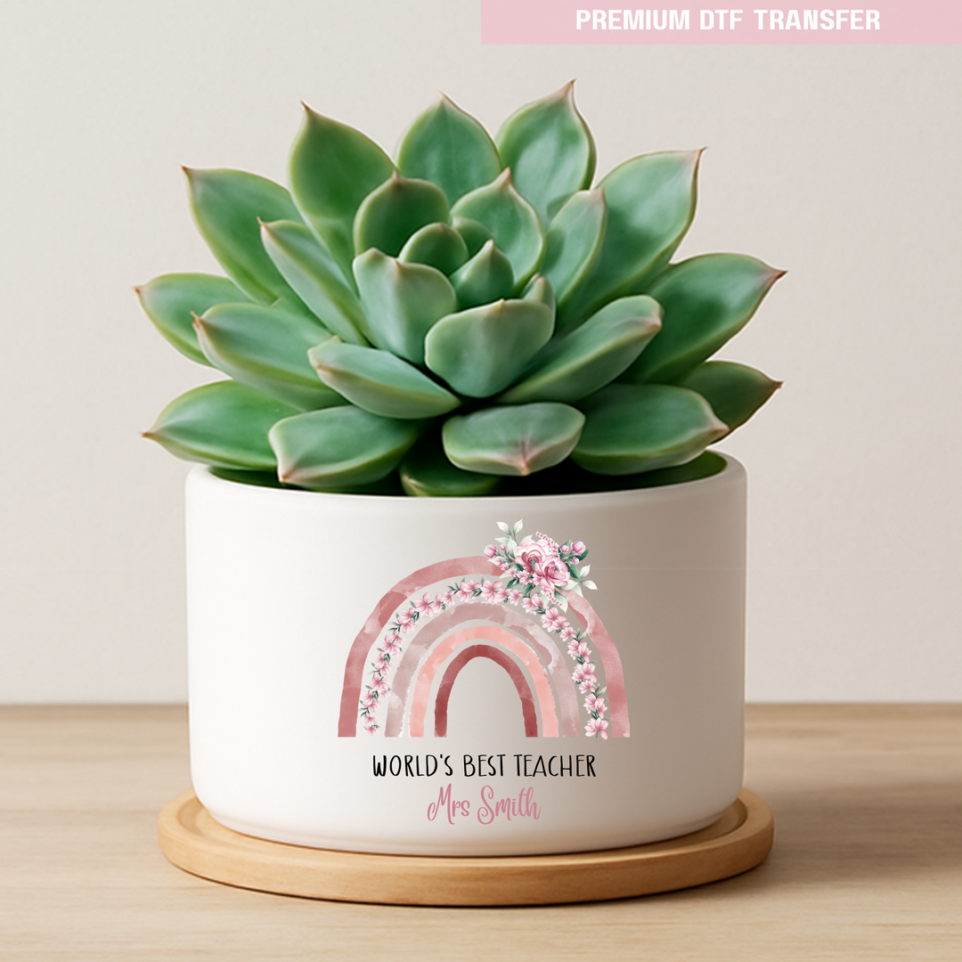 Personalised world's best teacher - rainbow flowers - UV DTF