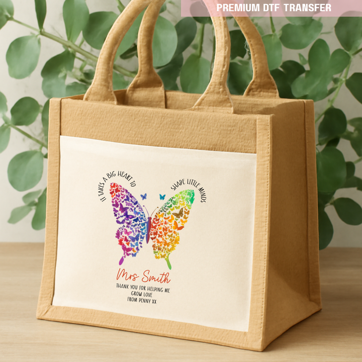 Personalised It takes a big heart to shape little minds - rainbow butterfly - teacher DTF transfer ready to press