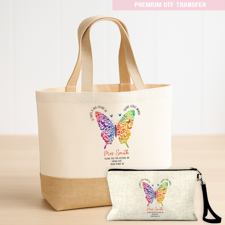 Personalised It takes a big heart to shape little minds - rainbow butterfly - teacher DTF transfer ready to press