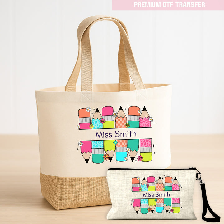Personalised Colorful pencil - teacher - DTF transfer ready to press