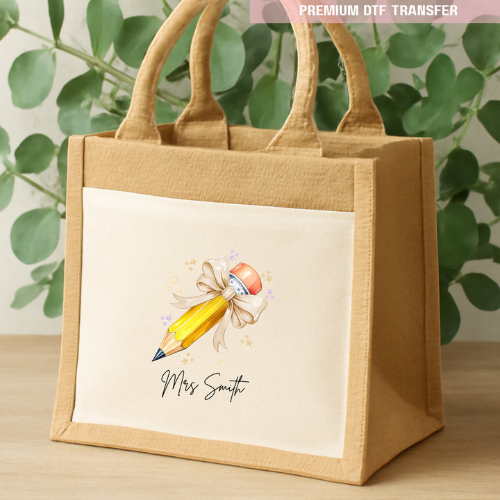 Personalised Name Teacher - Natural Beige Pencil DTF Transfer Ready to Press