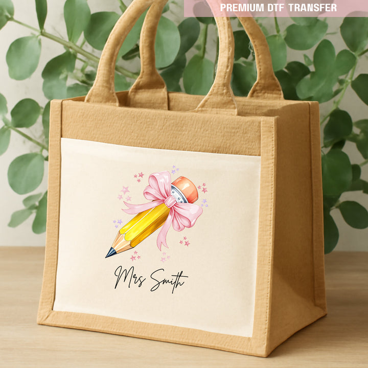 Personalised Name Teacher - Light Pink Pencil DTF Transfer Ready to Press