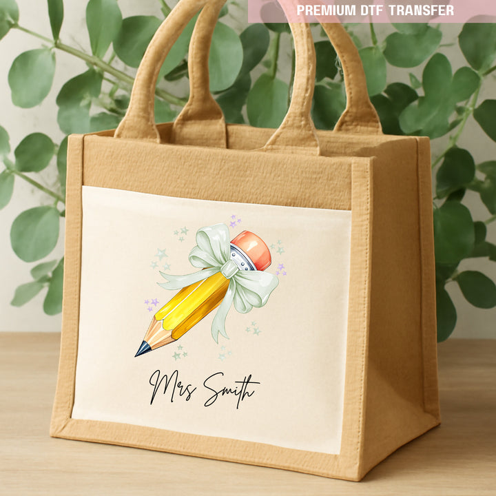 Personalised Name Teacher - Mint Green Pencil DTF Transfer Ready to Press