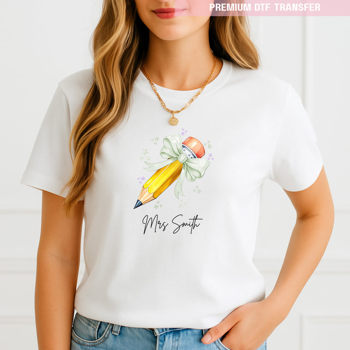 Personalised Name Teacher - Mint Green Pencil DTF Transfer Ready to Press