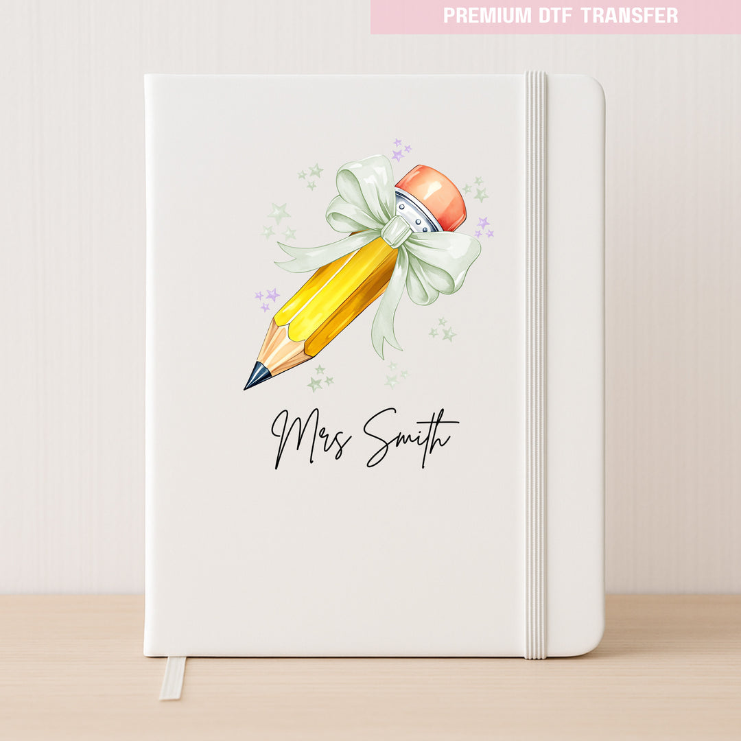 Personalised Name Teacher - Mint Green Pencil DTF Transfer Ready to Press